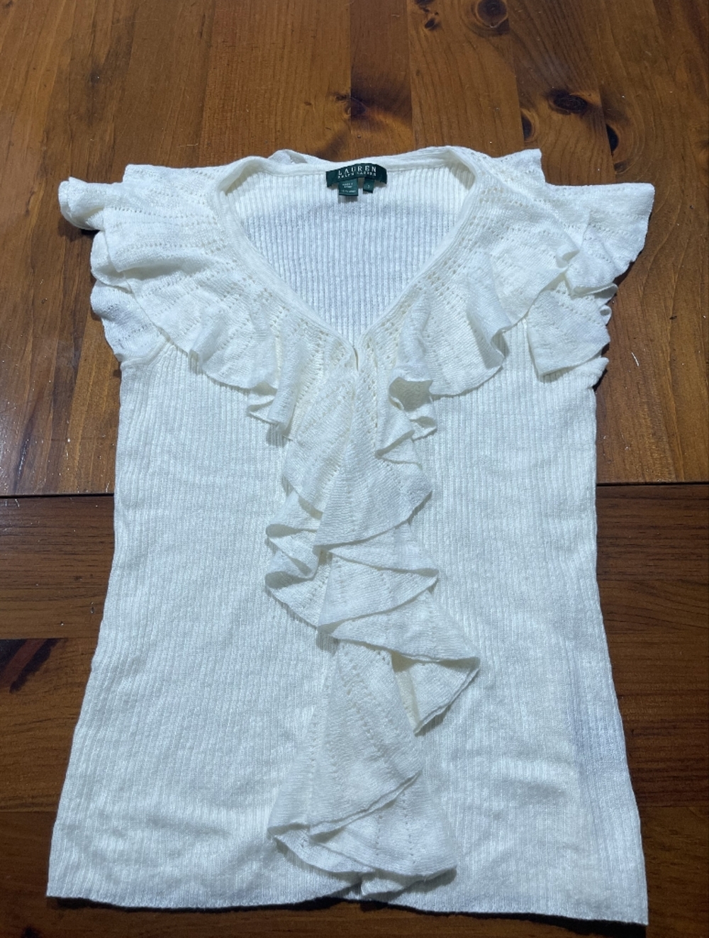 Lauren Ralph Lauren Vintage Womens Cream‎ 100% Linen Short Sleeve Ruffle Sweater